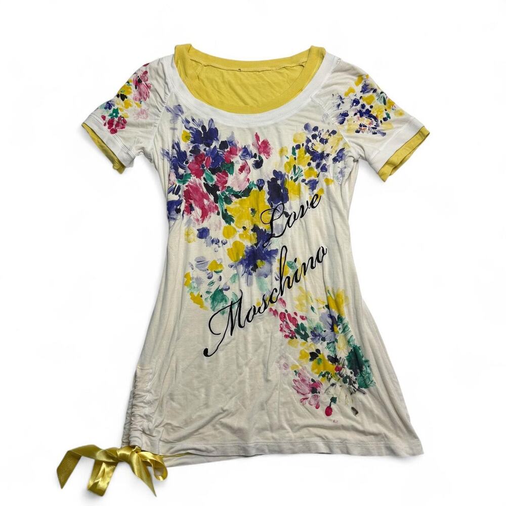 Y2K Love Moschino Floral Print Baby Tee with yellow pink and blue flowers Size M